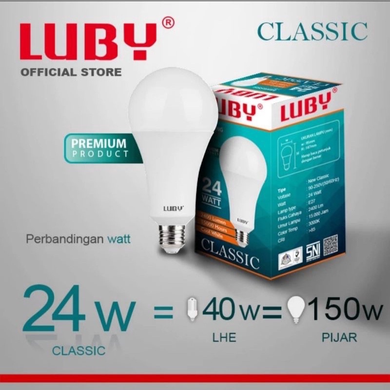 Bisa Cod Bohlam Lampu LED LUBY CLASSIC Cahaya Putih 24 Watt