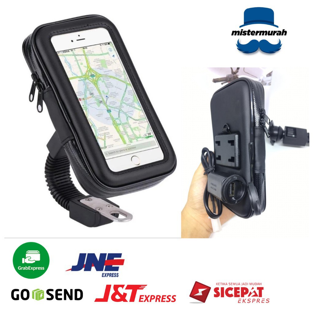 PROMO   Phone Holder Spion Motor / Holder HP Waterproof Plus USB Charger Universal Handphone   UNTUK