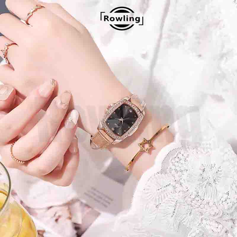 Rowling (Jam-35) Jam Tangan Wanita Kotak Jam Tangan Wanita Quartz Jhui dengan Strap kulit Sintetis Import