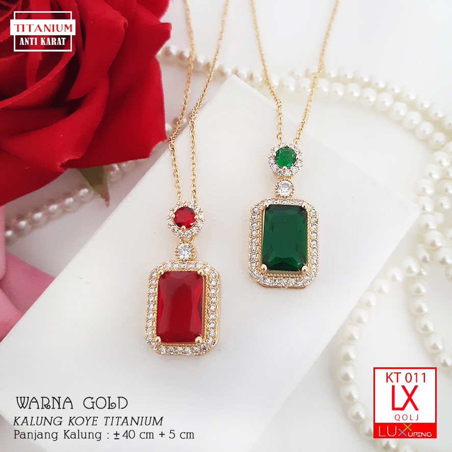 KT 011 Kalung Titanium Mewah Permata Zirkon Warna Merah Hijau Perhiasan Anti Karat Selamanya Luxx Xuping