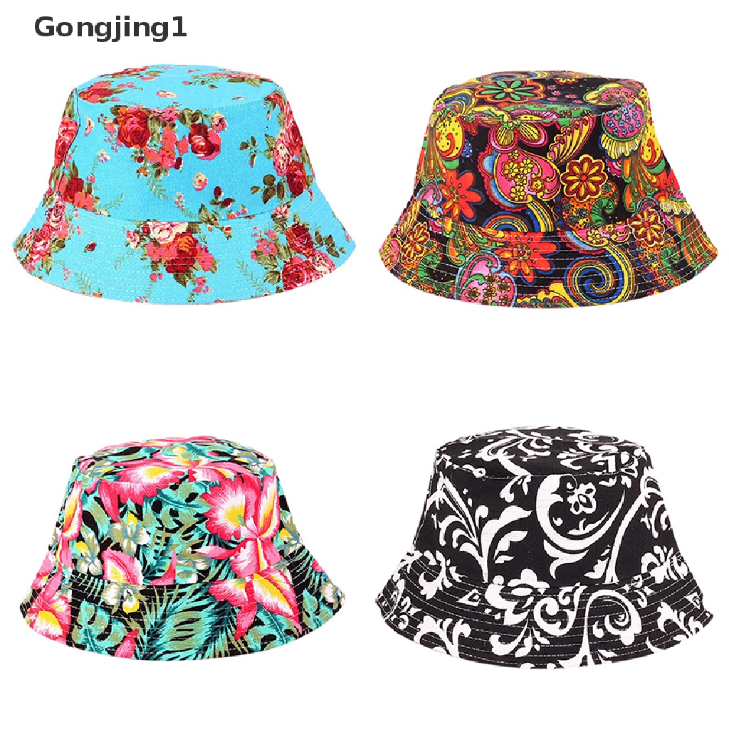 Gongjing1 Topi Bucket Pria / Wanita Motif Bunga Untuk Hunting / Memancing / Outdoor