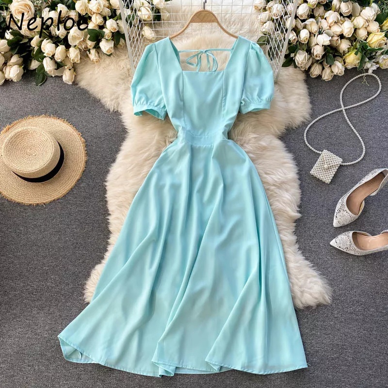 Midi Dress Wanita Retro Tali Bahu Lengan Pendek Balon Bahan Katun Polos S M L XL JUMBO