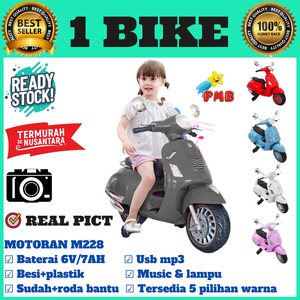 MAINAN ANAK MOTOR AKI VESPA VESTIC PMB 288 M288 , motor aki anak, motor anak murah , mainan anak