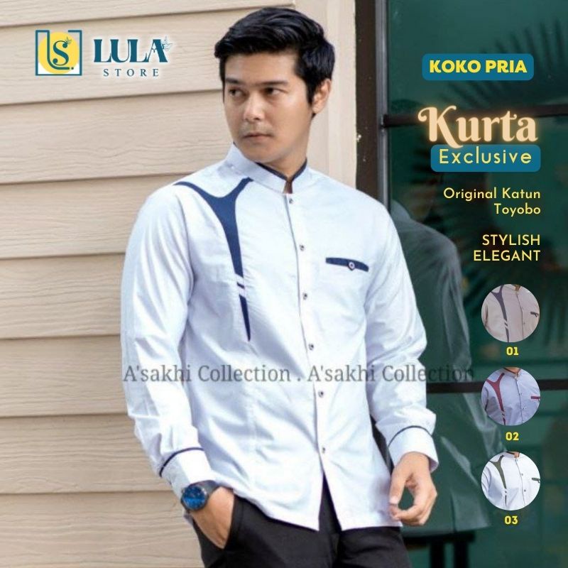 Baju Koko Pria Lengan Panjang Asakhi Warna White Navy ORIGINAL KATUN TOYOBO