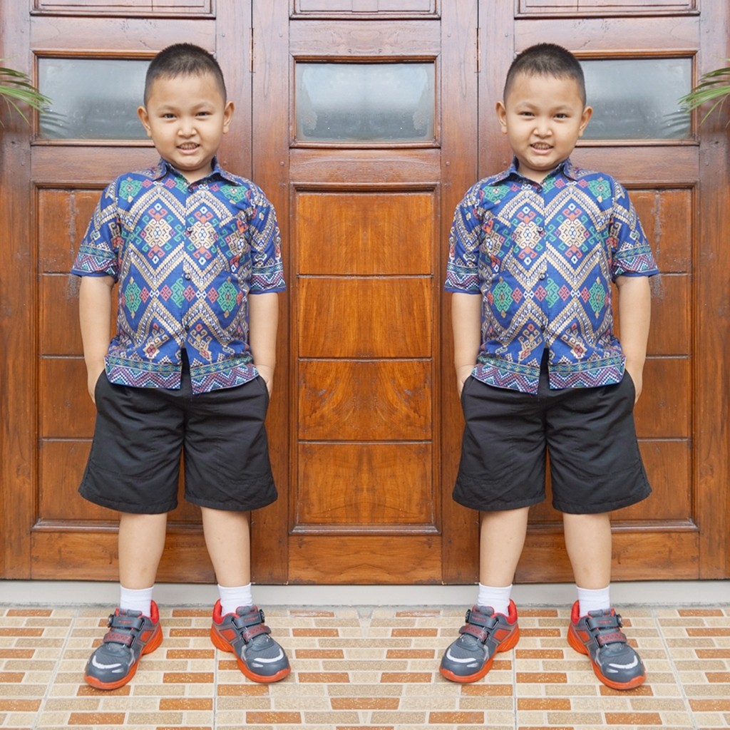 kemeja hem batik anak bahan katun  BAL 607 Biru