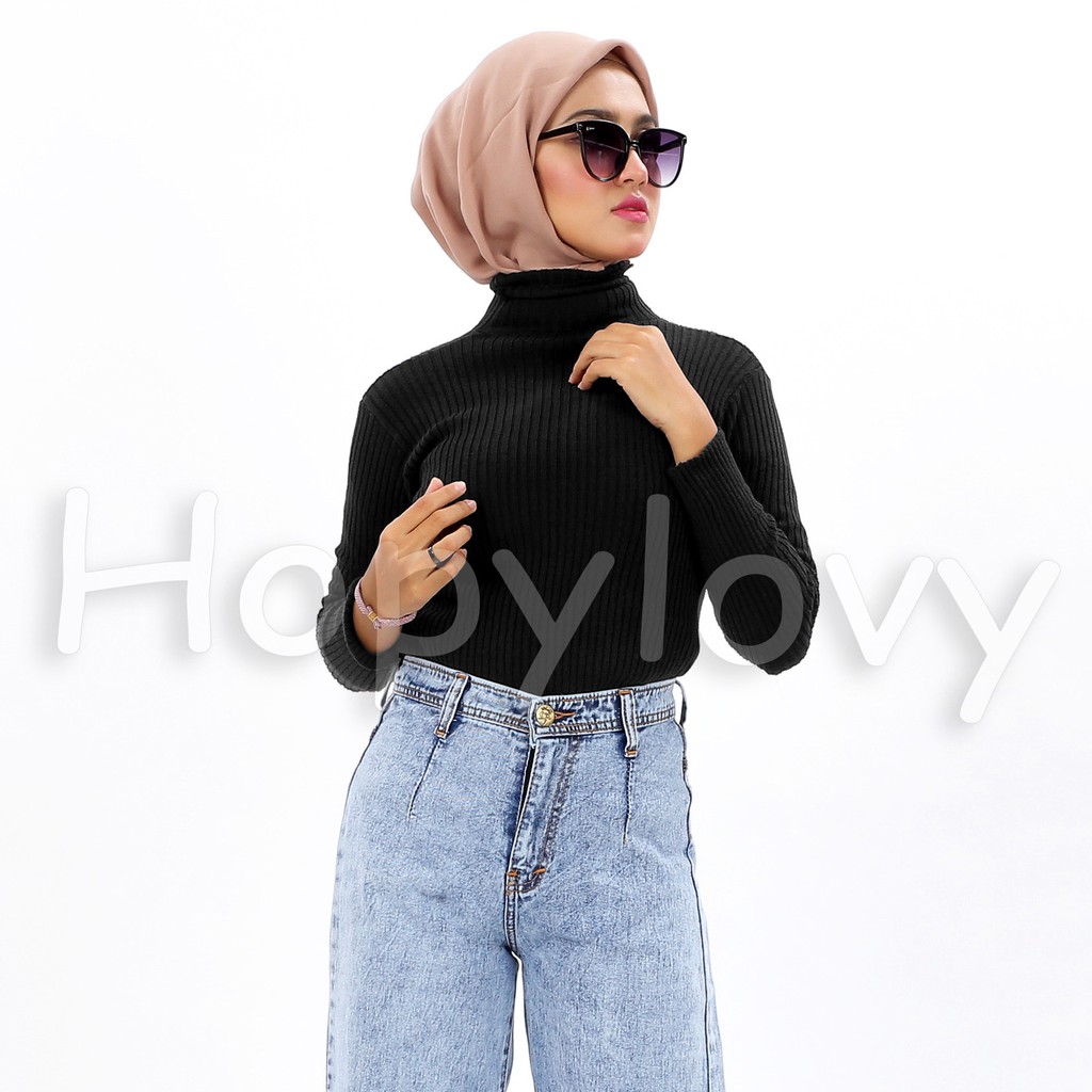 HOPYLOVY - Sweater Rajut Wanita Turtleneck Ribbed Turtle Daisy