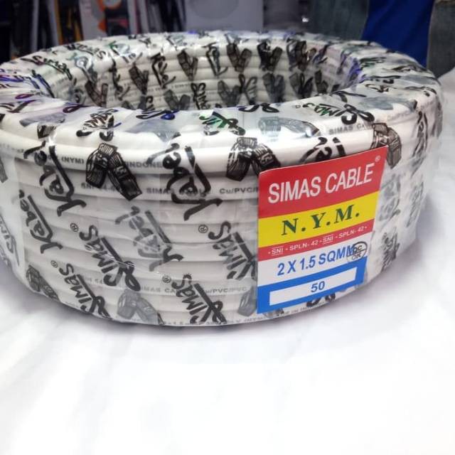 Kabel NYM 2x1.5 SIMAS 1 ROLL 50Y SNI Tembaga Murni Asli Untuk Listrik Standar PLN LMK Kulit Kuat Panjang 50 Yard 45 Meter full SPLN Harga Satu Gulung Berkualitas