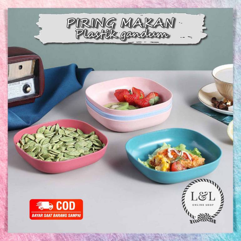 Piring Persegi Kecil Piring Buah Piring Sayur Piring Makanan Ringan Piring Plastik Mini Bahan Jerami Gandum BPA Free Warna Pink Biru Hijau Cream Perlengkapan Makan Rumah Wheat Straw Plate