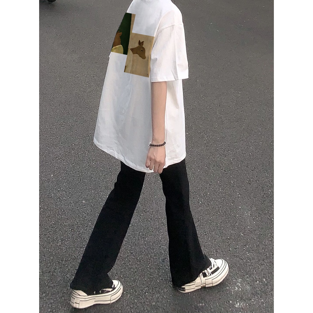 EUNII T-shirt Lengan Pendek Kartun Rusa Pencetakan Longgar Korean Style/Kaos Atasan Wanita/Baju Kaus Oversize Wanita