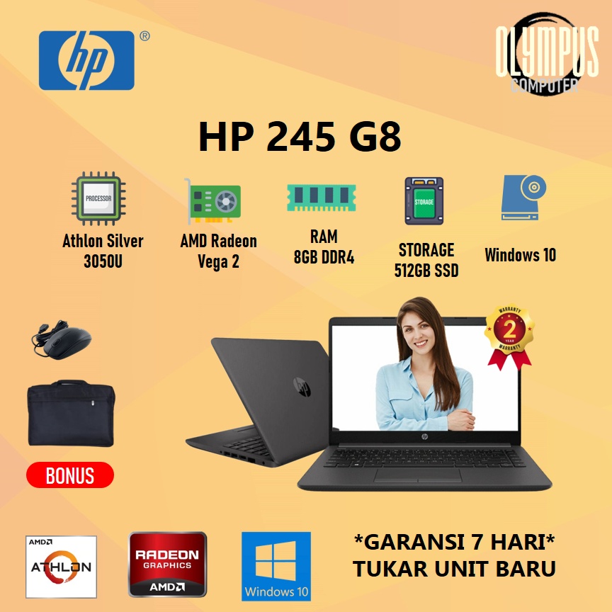 Laptop Hp 245 G8 Athlon Silver 3050U 8GB 512SSD VEGA2 W10 14.0 BLK
