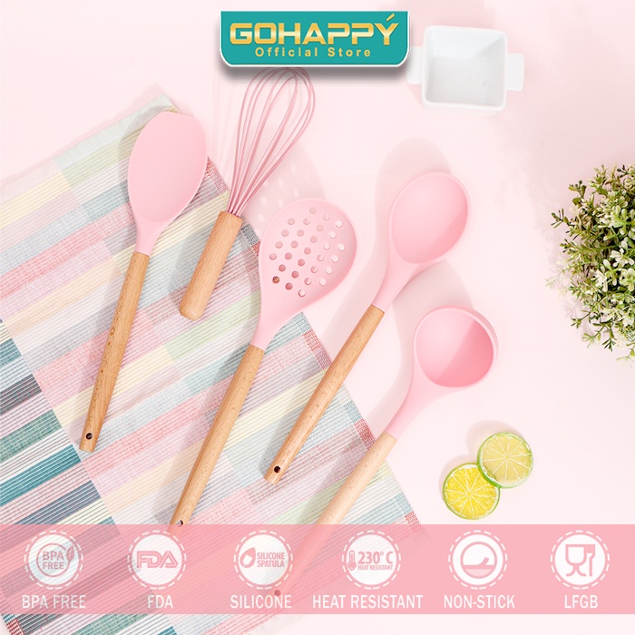 GOHAPPY SPATULA SET Silikon kualitas terbaik dengan wadah sutil utensils set 6 pcs GHX26 PINK OR CHOCO