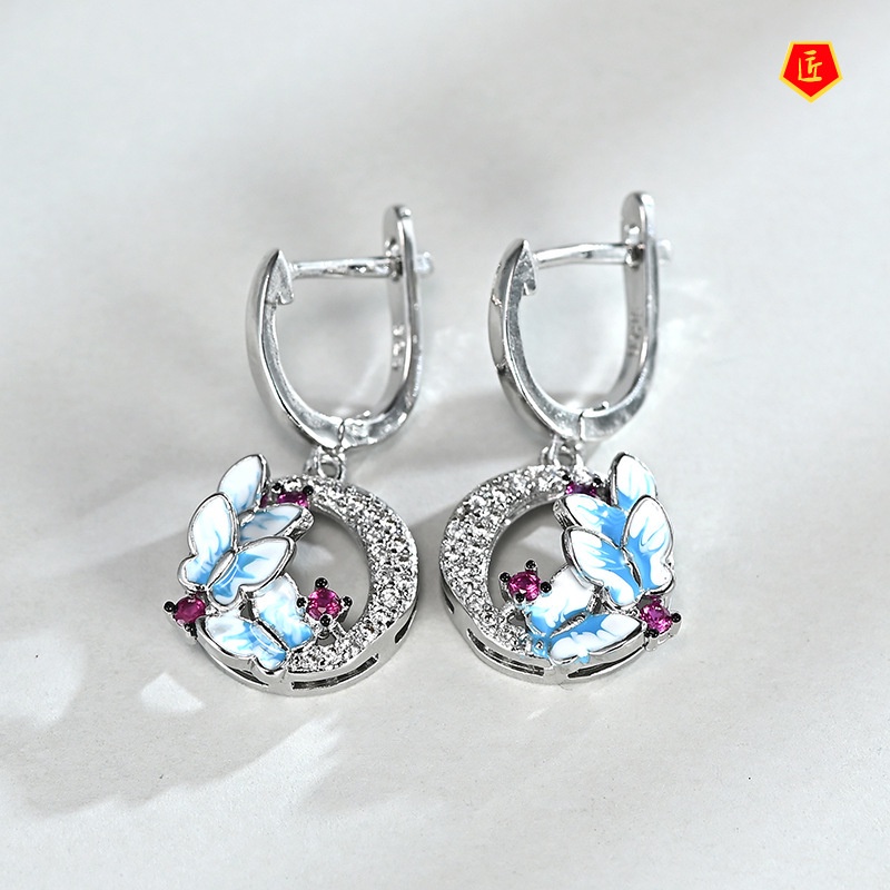 [Ready Stock]New Three Blue Butterfly Earrings Full of Diamonds Exquisite Luxury