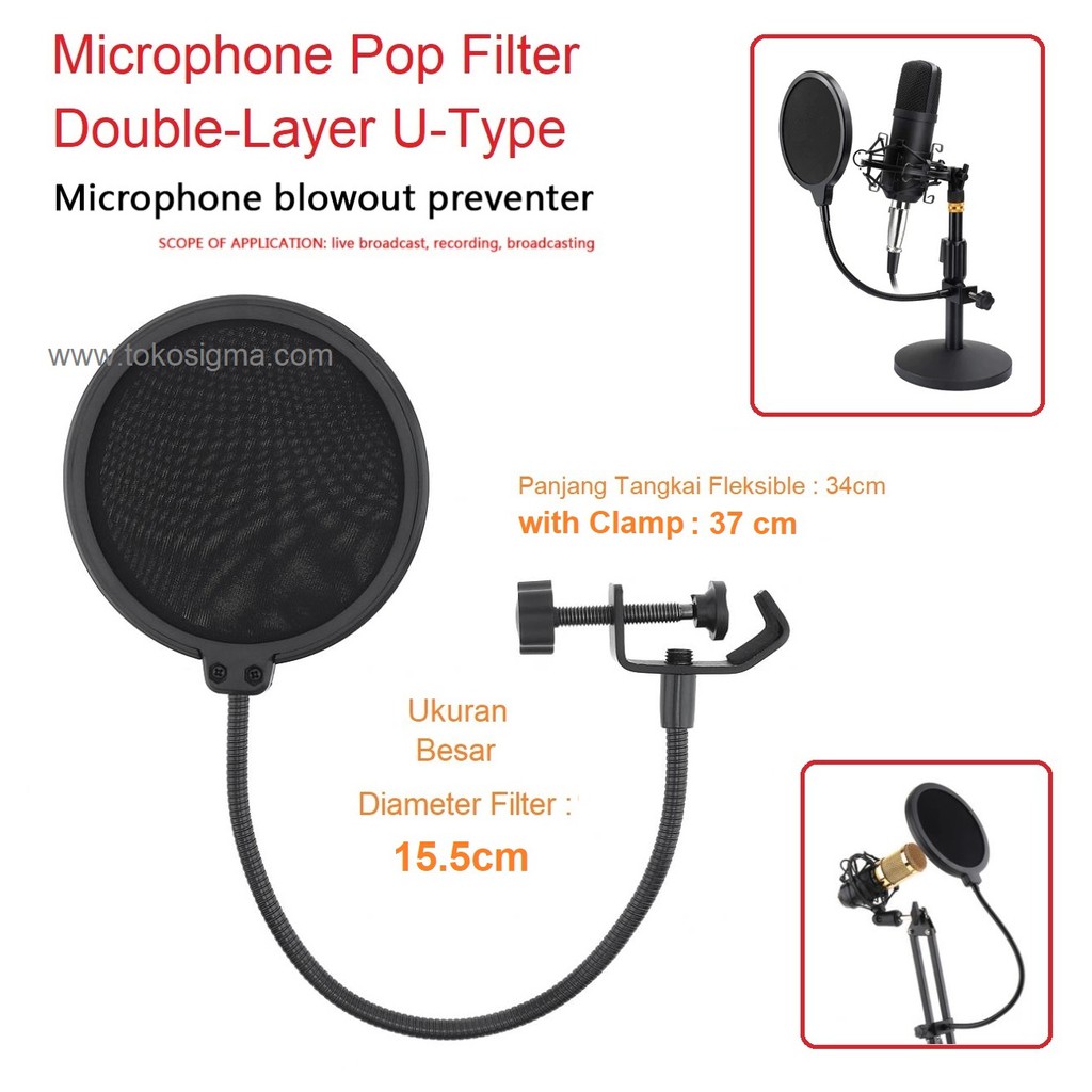 Microphone Mic Filter Pop Up Shield 2 Layer BOP Tangkai Flexible Jepit