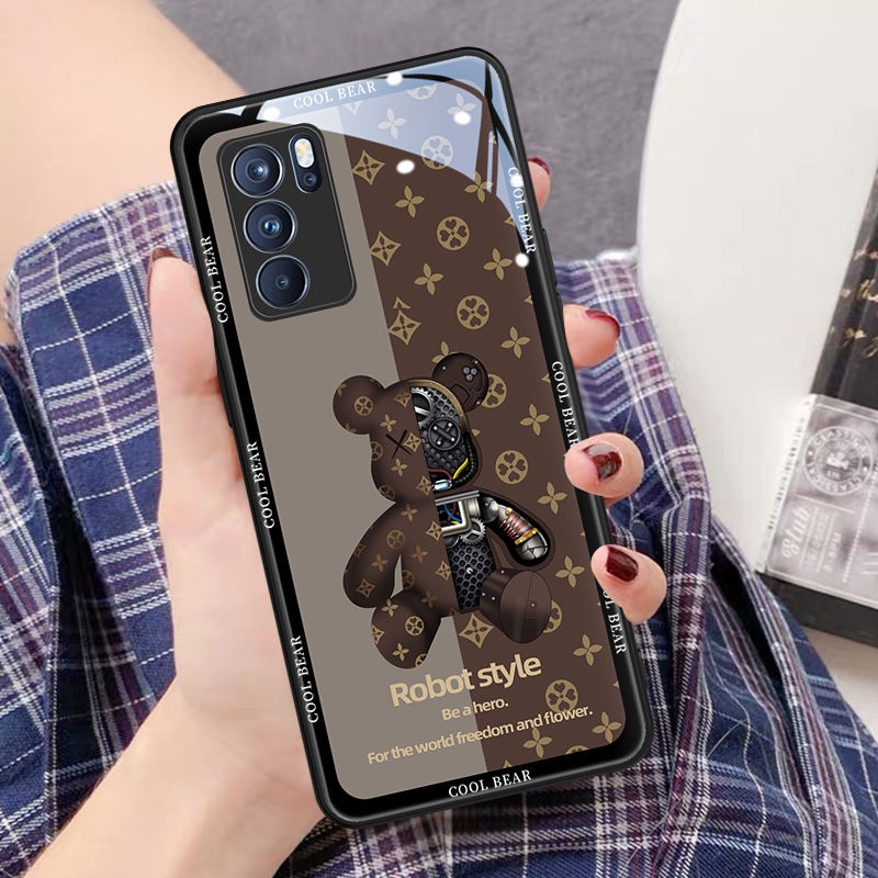 Bingkai Ganda Beruang Pola Casing Ponsel untuk Oppo Reno5 Reno5pro Reno6 Reno6Pro Reno6Z Penutup Kaca Blxl