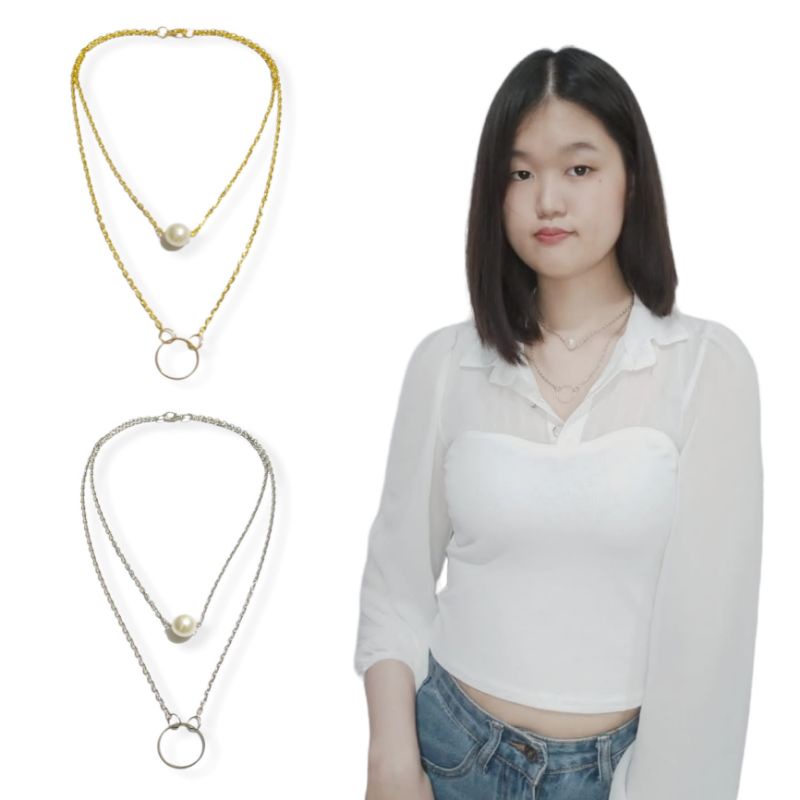 Ilene Pearl Circle Ring Double Layer Korean Necklace Kalung Tumpuk Multilayer Korea