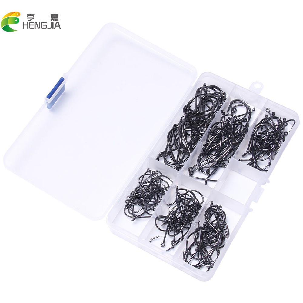 HENGJIA 160PCS Fishing Hooks 6 Size Black High Carbon Steel Jig Hooks With Free Box mata kail