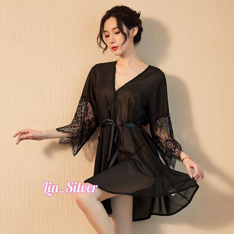 Lingerie Kimono Chiffon Halus Transparan Kombinasi Brookat Free Belt Premium Import M L XL