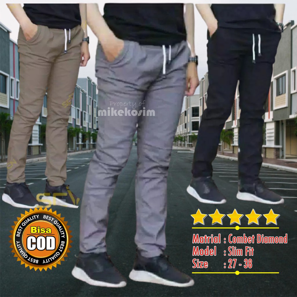 Celana Chino Panjang Pria Slimfit Bahan Melar Pinggang Karet Laki Kerja Santai Harian