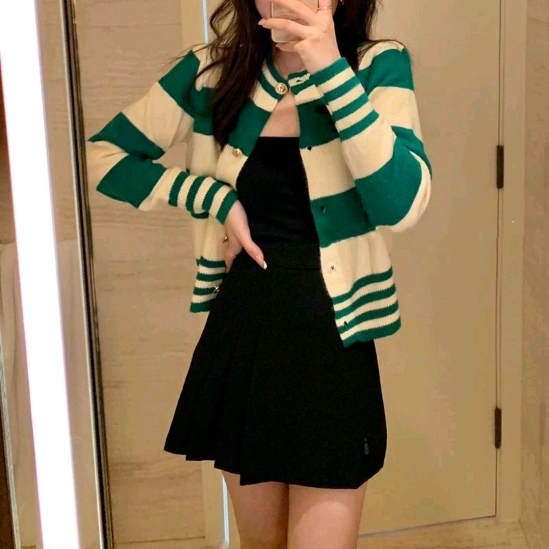 2400 Atasan Baju cardigan kardigan lengan panjang salur garis rajut Import wanita terbaru rajut impo