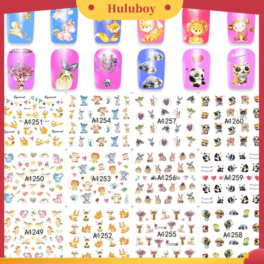 Huluboy Huluboy♡ 12 Lembar Stiker Kuku Motif Print Tahan Air Untuk Kecantikan Wanita