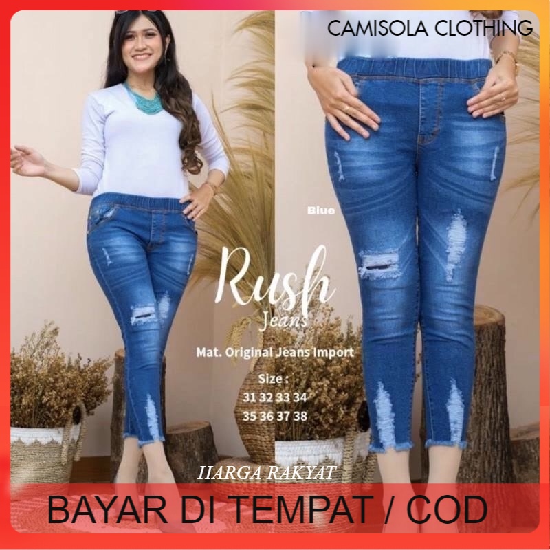 CELANA RUSH 7 9 SOBEK TIDAK TEMBUS JEANS COCO BLUE JINS LASER WANITA CEWEK KEKINIAN TREND LINGKAR PINGGANG KARET 7/9 OOTD MELAR PREMIUM UKURAN 30 - 34 TERBARU SKINNY LOOSE KHEISYA KHAYSA BANANA RIPPED LEGING JEGING