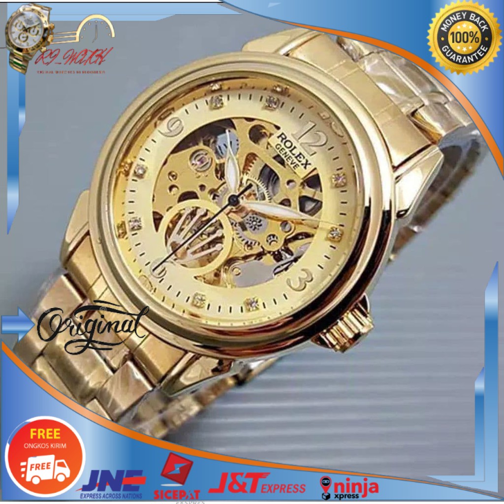 jam tangan cowok pria rolex tranparan otomatis gold emas terbaru gaul keren murah