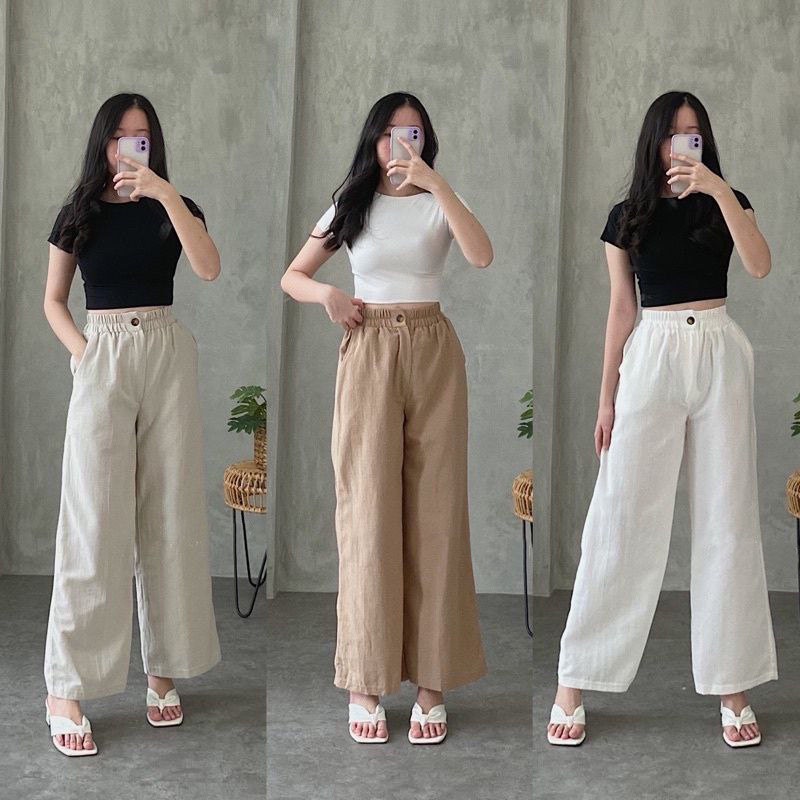 Celana Kulot Linen Resleting Kancing Celana Rami Wanita Highwaist Premium