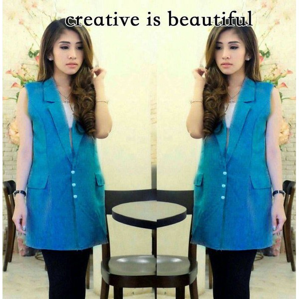 Pakaian Wanita sq Blazer wanita tanpa lengan biru dottyko Twiscone L modis  modern trendy cantik