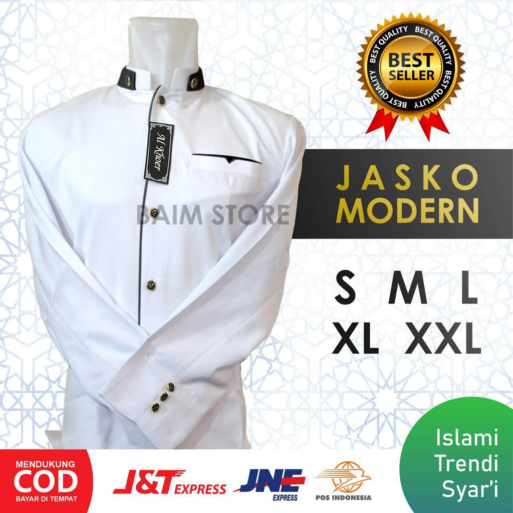 Baju Koko Jasko Muslim Pria Polos Putih List Hitam Murah S M L XL XXL