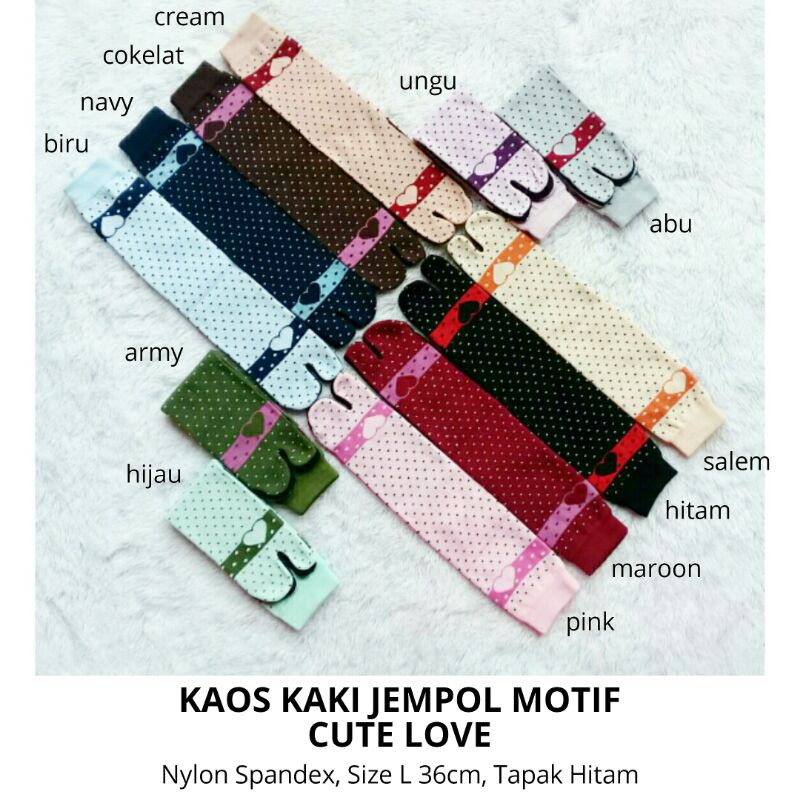 Kaos Kaki Jempol Wanita Muslimah Motif Cute Love (Tapak Hitam, Tebal, Panjang, Nylon Spandex, Size L