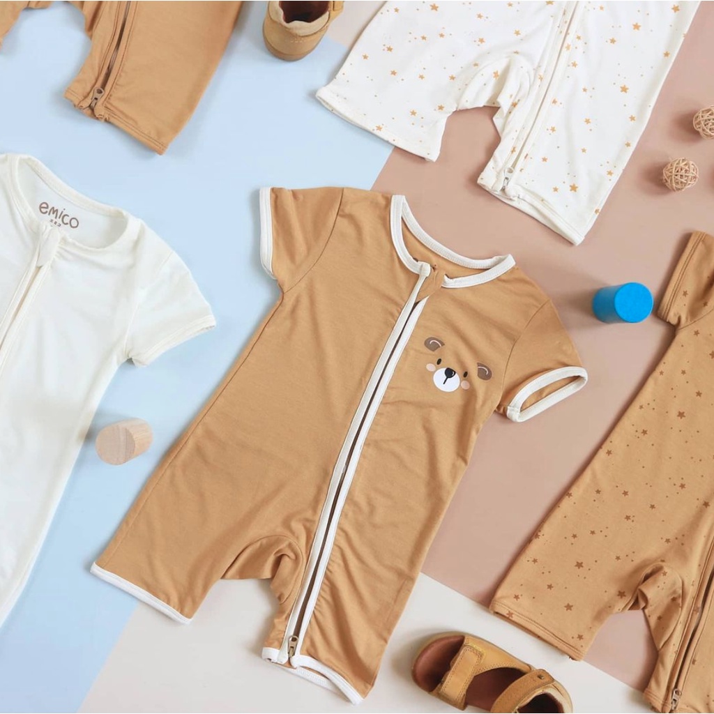 Emico TENCEL™ Baby Romper Short - Baju Anak Bayi Zipper Tencel Resleting Playsuit Halus Lengan Kaki Pendek Jumper