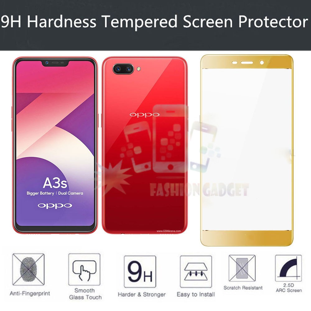 Tempered Glass Oppo A3s 2018 Full Colour Bagian Depan Anti Gores Kaca / Screen Protector Pelindung