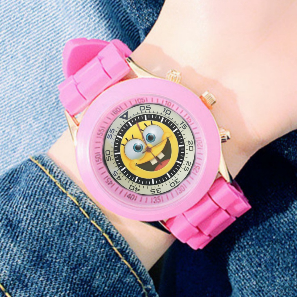 Jam Tangan Wanita SPONGEBOB SQUAREPANTS KARTUN Custom Keren Terbaru 05 Cewek Warna Hitam Pink Kulit 