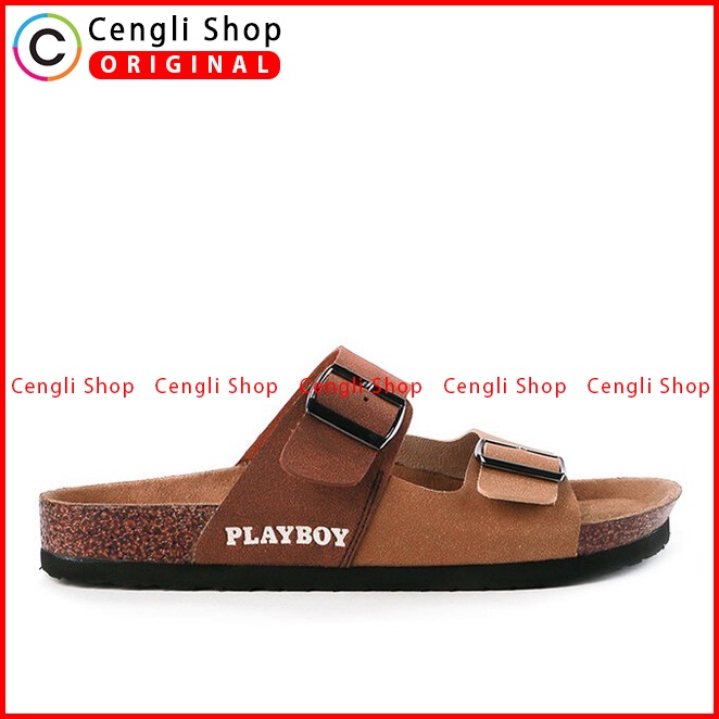SANDAL SLIDE PLAYBOY PRIA ORIGINAL CASUAL BRANDED ASLI COKLAT PL36