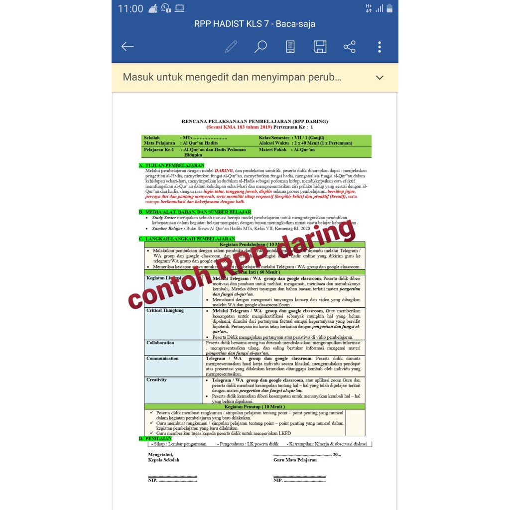 RPP 1 Lembar (RPP Daring, Luring Dan Tikom Sabar) SKI MTs Kelas 7 Semester1-2, Sesuai Kma 183 Tahun 2019