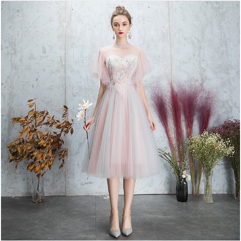 Gaun Party Elegan Appliques Panjang Pink Bridesmaid