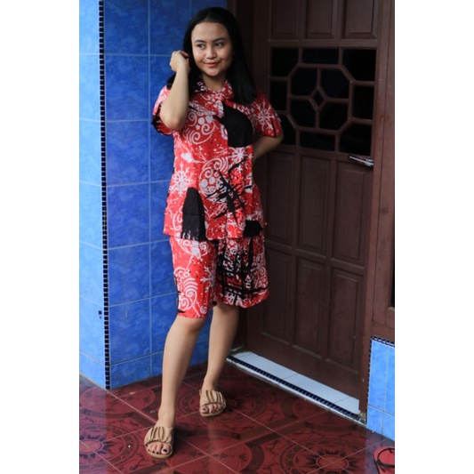 One Set Pendek Baju Tidur Wanita Setelan Celana Pendek Rayon Adem Full Kancing Disya Fashion-H untir merah
