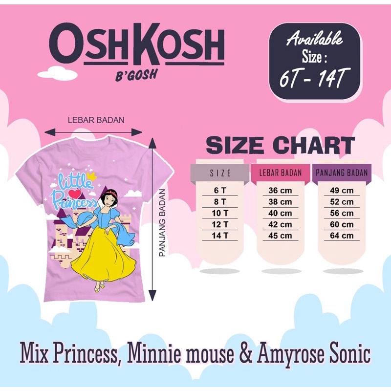 Kaos princess, minnie mouse, amyrose sonic size junior 6-14 tahun Kaos girl junior size 6-14t kaos Lengan pendek by polkka kazoku