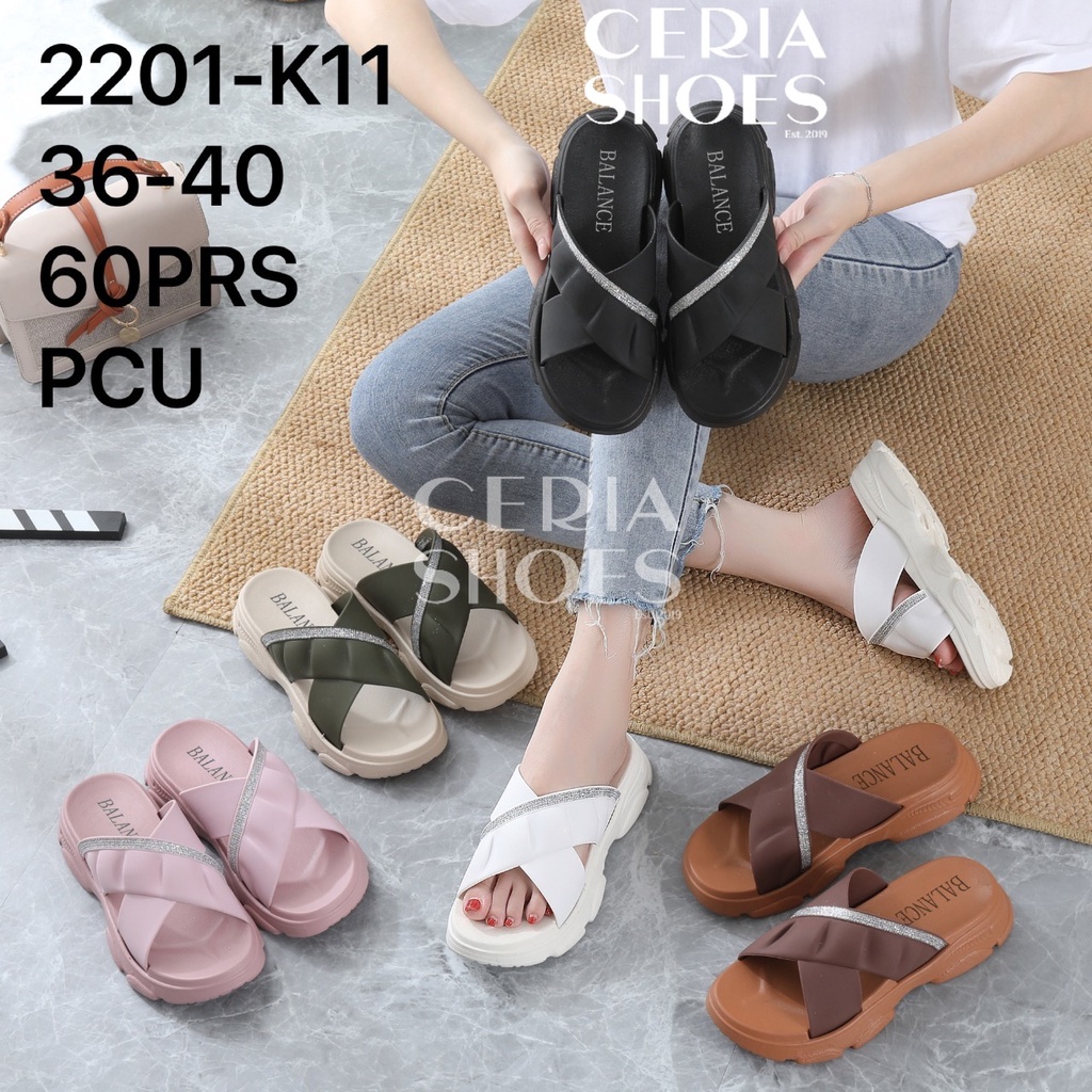 BALANCE Sandal Wedges Wanita Import Bahan Rubber Karet Empuk Tebal Tinggi Sol Gunung Non-Slip PVC Motif Cross X Manik K11