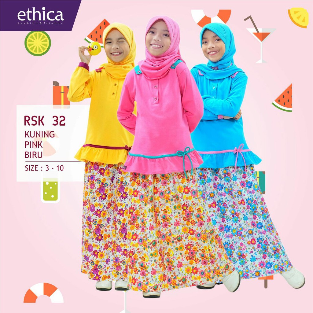 SETELAN ANAK ATASAN DAN ROK Ethica RSK 32 Varian Warna Pink, Biru, dan Kuning