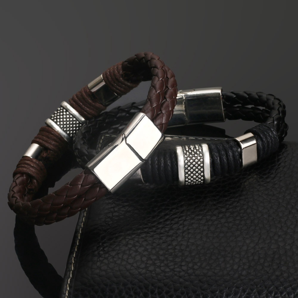 Fashion Jewelry Punk 2 Color Zinc Alloy Accessories Weave Genuine Leather Men Bracelet Male Bangles