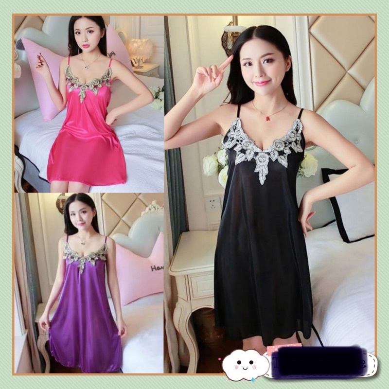 Lingerie Dress Baju Tidur Wanita Sexy Motif Bordir Bunga Bahan Satin Import