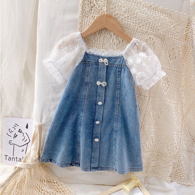 DR134-Dress Anak Perempuan Jeans Sleeve Lace