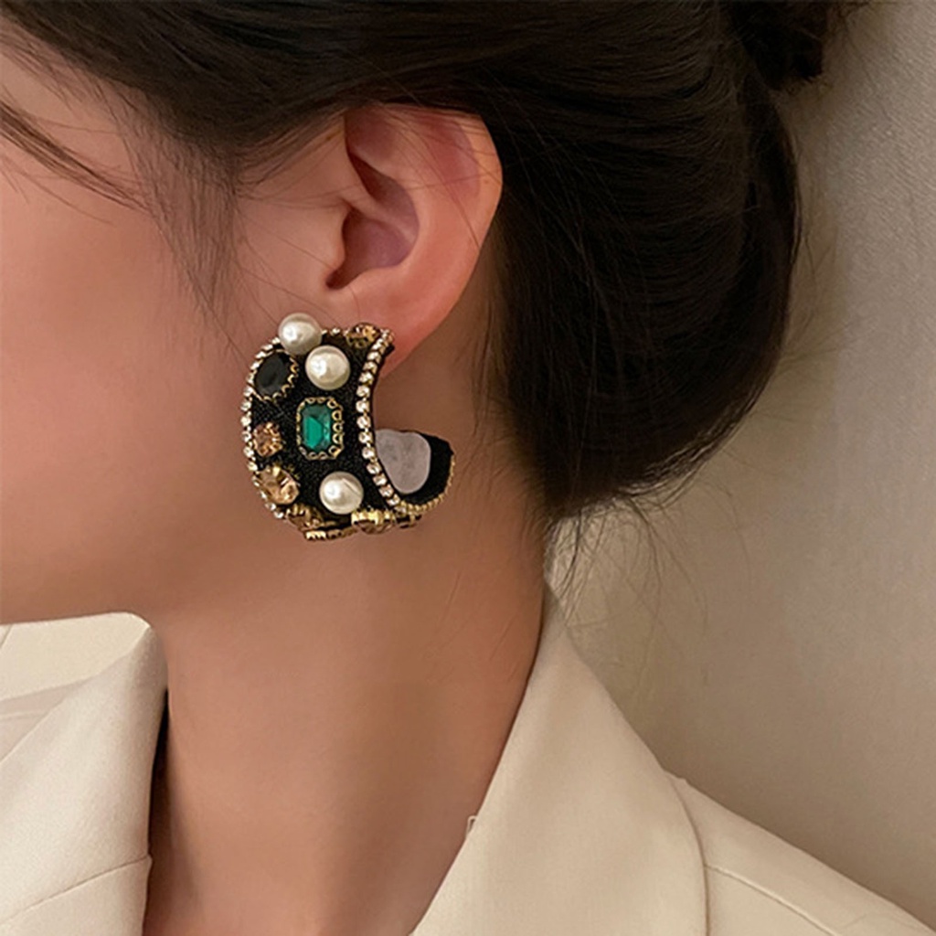 Hu Hu Hu Hu Hu Alat Bantu Pasang Kacamata♡ 1 Pasang Anting Stud Bentuk C Aksen Mutiara Berlian Imitasi Untuk Wanita