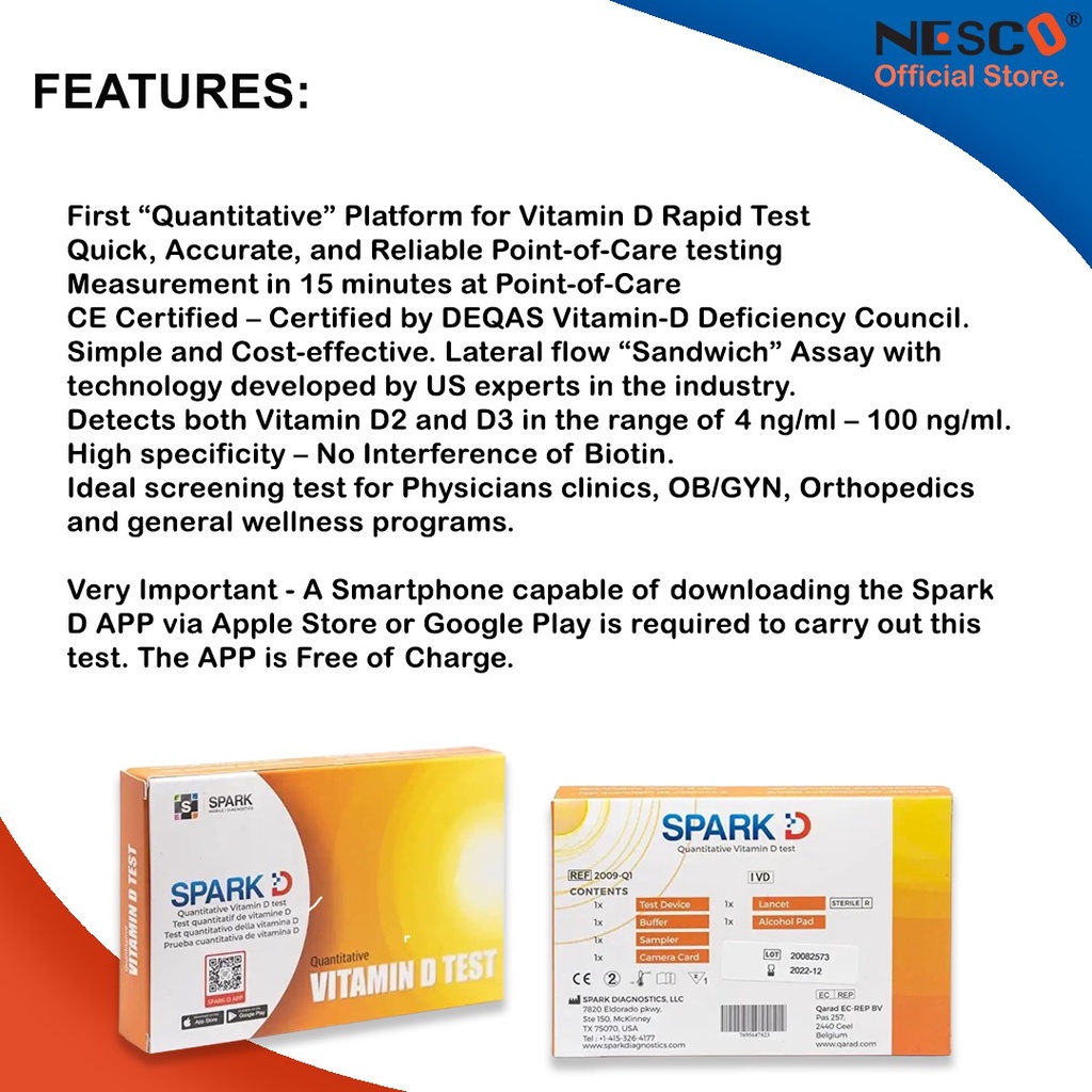 ALAT TES KADAR VITAMIN D, NESCO SPARK D Quantitative Vitamin D test (Single Pack)1 test/box