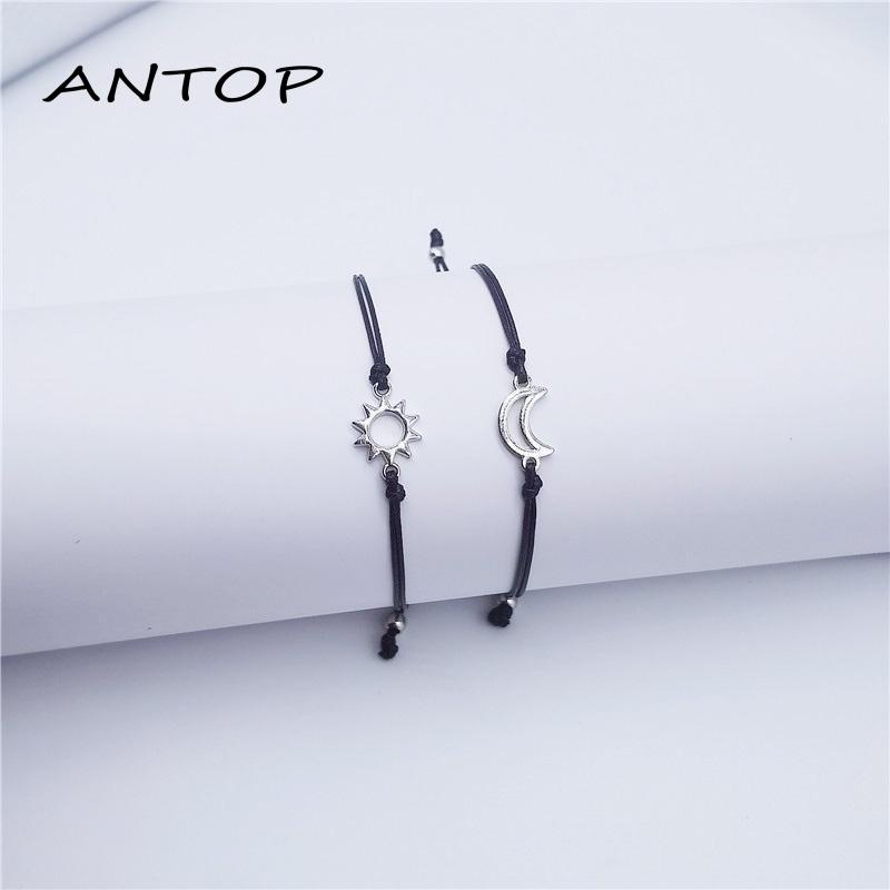 2pcs Gelang Couple Hitam Pasangan Adjustable Bulan Dan Matahari Gelang Persahabatan Tali Lilin Aksesoris Untuk Pria Dan Wanita ANTOP