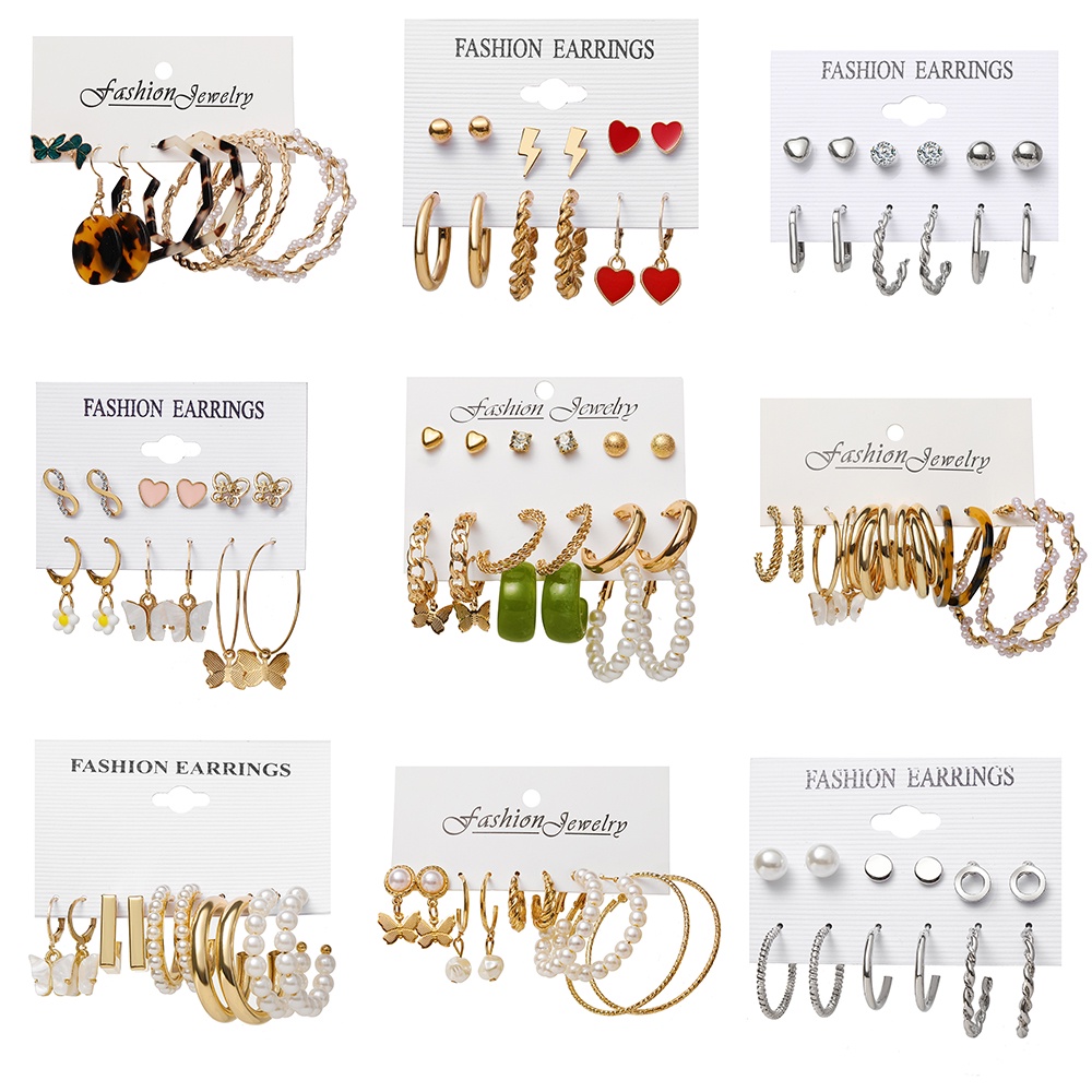 IFYOU 6 Pasang / Set Anting Tusuk Desain Kupu-Kupu Hias Mutiara Warna Gold / Silver Untuk Wanita