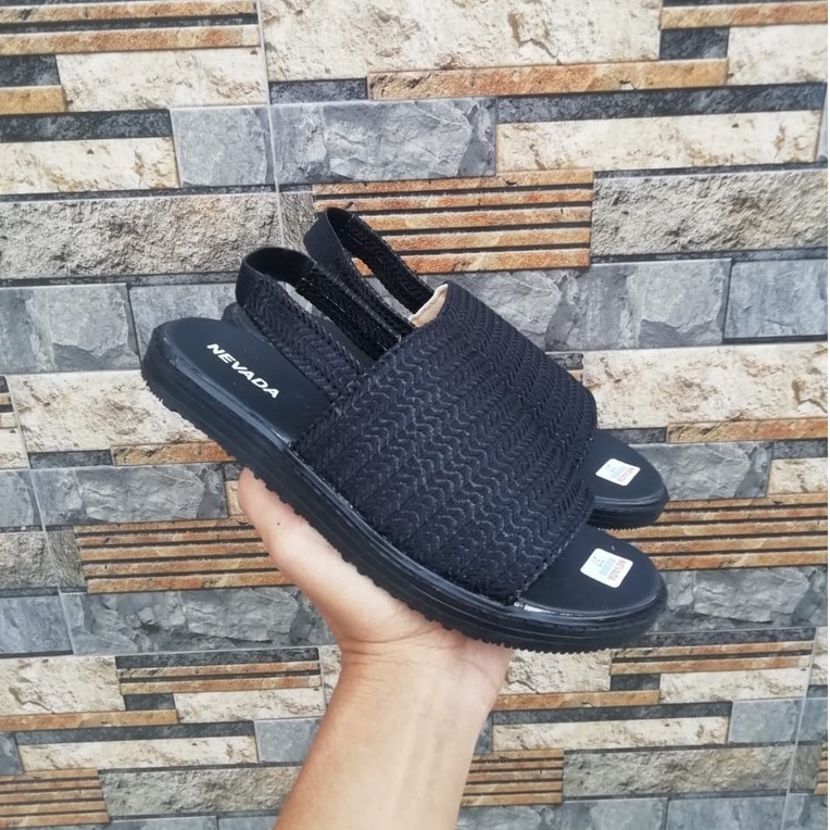 Sandal Slob Rajut Nevada|Sandal Sepatu Tali Wanita Rajut Import|Sandal Tali Wanita Kekinian Flat-Hitam