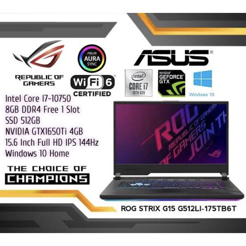 ASUS ROG STRIX G512LI 144Hz i7 10750H 16GB 512ssd GTX1650Ti 4GB W10 - Hitam-second mulus