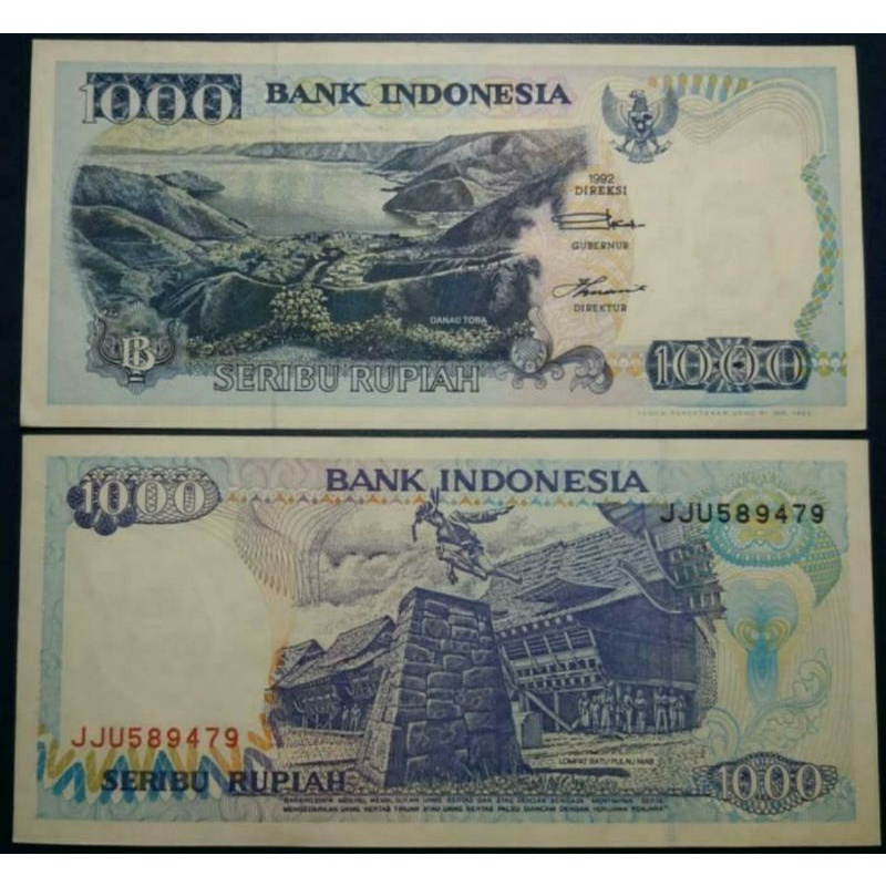 Uang Kertas Kuno 1000 Rupiah Lompat Batu Tahun 1992 UNC